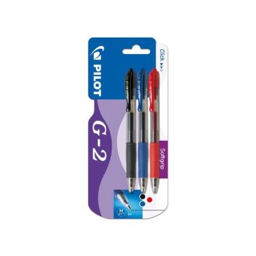 G-2 gelpen met kliksysteem, medium punt van 0,7 mm, doorzichtige huls met grip, diverse inktkleuren: Zwart, blauw, rood