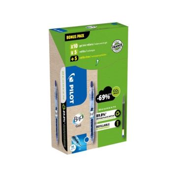 B2P Gelpen Rolschrijver, Greenpack 10 Pennen en 10 Navullingen, Medium Punt 0.7 mm, Blauw