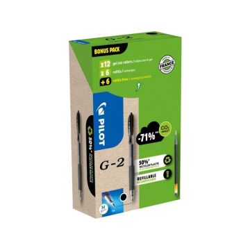 G-2 Gelpen Rolschrijver, Greenpack 12 Pennen en 12 Navullingen, Medium Punt 0.7 mm, Zwart