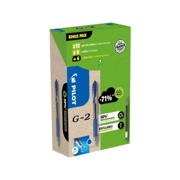 G-2 Gelpen Rolschrijver, Greenpack 12 Pennen en 12 Navullingen, Medium Punt 0.7 mm, Blauw