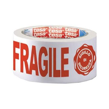 tesapack Bedrukte Verpakkingstape Fragile, 50 mm x 66 m, asgat 76 mm, Rood, Wit