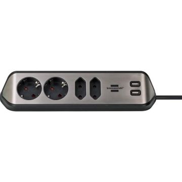 Hoekaansluitstekkerdoos, 2-voudig, 2 x euro, 2 x USB, Zilver, Zwart