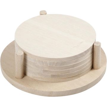 Schijf rond 9,5cm hout m/houder/pk6