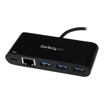 STARTECH.COM USB C Hub Powered 3 Port USB-C to USB-A 3x and GbE RJ45 1x USB to Ethernet USB Port Expander