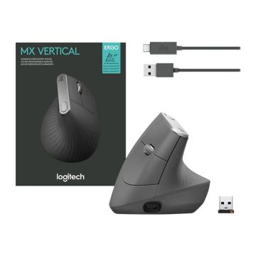 LOGITECH MX Vertical Vertical mouse ergonomic optical 6 buttons wireless wired Bluetooth 2.4 GHz USB wireless receiver graphite