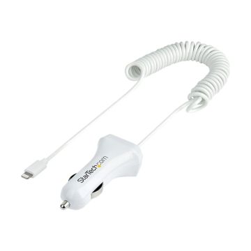 STARTECH.COM Lightning Car Charger with Coiled Cable 1m Built-in Cable 12W White 2 Port USB Car Charger Adapter