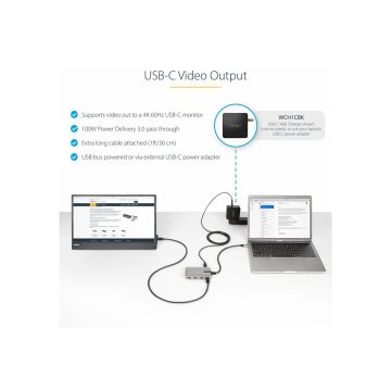 STARTECH.COM 4-Port USB-C Hub with USB-C Video Output - 3x USB-A/1x USB-C 100W PD Pass-Through USB 10Gbps 1ft/30cm Cable Portable US