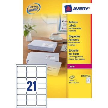 Avery adresetiketten L7160-100 | 2100 stuks | 63,5 x 38,1 mm | Quickpeel technologie