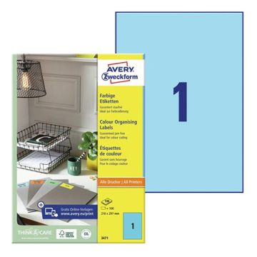 Avery Zweckform 3471 universele etiketten 210 x 297 mm blauw (100 etiketten)