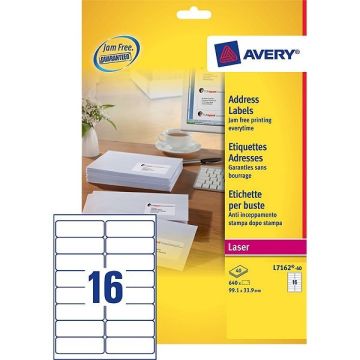 Avery adresetiketten L7162-40 | 640 stuks | 99,1 x 33,9 mm | Quickpeel technologie