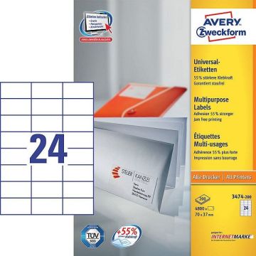 Avery Zweckform 3474-200 universele etiketten wit 70 x 37 mm (4800 etiketten)