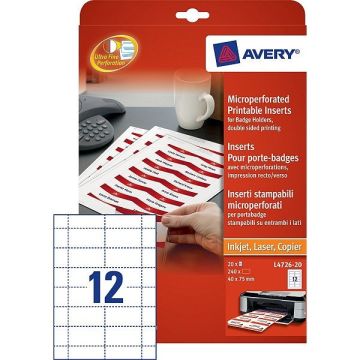 Avery Zweckform L4726-20 naambadge insteekkaarten 40 x 75 mm wit (240 naambadges)