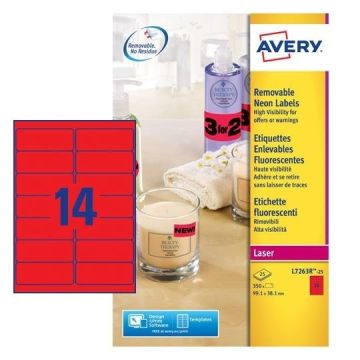 Avery Zweckform L7263R-25 NEON etiketten 99,1 x 38,1 mm rood (350 etiketten)