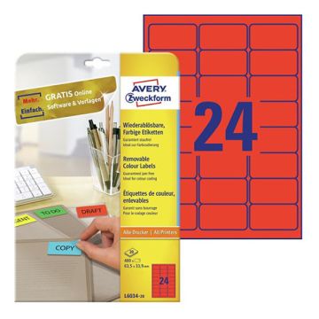 Avery Zweckform L6034-20 etiketten 63,5 x 33,9 mm rood (480 etiketten)