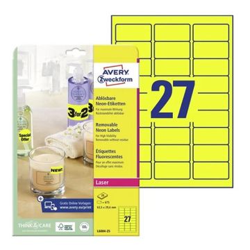 Avery Zweckform L6004-25 NEON etiketten 63,5 x 29,6 mm geel (675 etiketten)