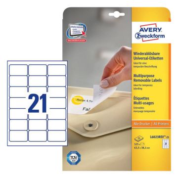 Avery Zweckform L6023REV-25 afneembare universele etiketten 63,5 x 38,1 mm (525 stuks)