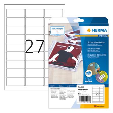 Herma 4233 veiligheidsetiketten A4 63,5 x 29,6 mm wit extreem sterk hechtend (675 etiketten)