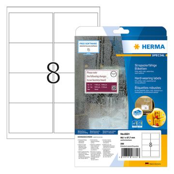 Herma 8331 weervaste folie-etiketten geel A4 63,5 x 29,6 mm extreem sterk hechtend (200 etiketten)