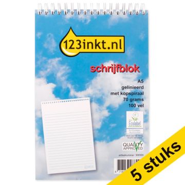 Aanbieding: 5x 123inkt schrijfblok A5 gelinieerd 70 grams 100 vellen met kopspiraal