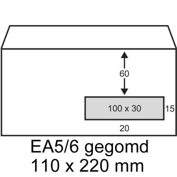 123inkt dienst envelop wit 110 x 220 mm - EA5/6 venster rechts gegomd (500 stuks)