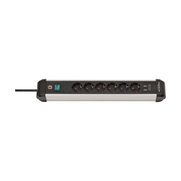 Brennenstuhl Premium Alu-Line stekkerdoos met 6 stopcontacten en USB-schakelaar zwart/lichtgrijs (3 