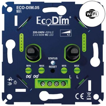 WiFi duo dimmer inbouw 2x 0-100W | Fase Afsnijding (RC) | EcoDim.05