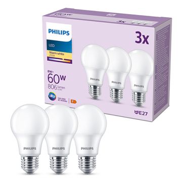 Philips LED lamp E27 | Peer A60 | Mat | 2700K | 8W (60W) | 3 stuks