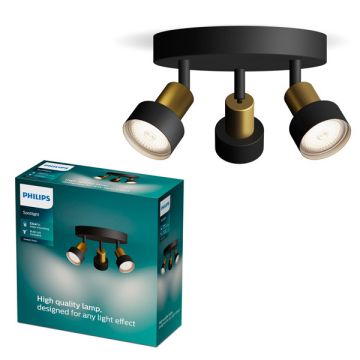 Philips Conduit plafondspot | 4x GU10 | Ronde basisplaat | Zwart/Goud