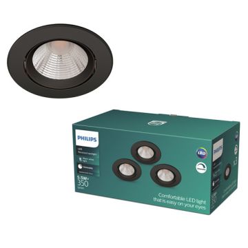 Philips Sparkle Inbouwspot | 2700K | IP20 | Dimbaar | Zwart | 5.5W | 3 stuk