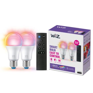 WiZ Starterkit E27 | Peer A60 | RGB + 2200-6500K | 2 lampen en 1 afstandsbediening | 8.5W (60W)