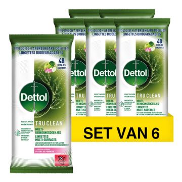 Aanbieding: 6x Dettol Reinigingsdoekjes Bio Afbreekbaar Tru Clean Appelbloesem (48 doekjes)