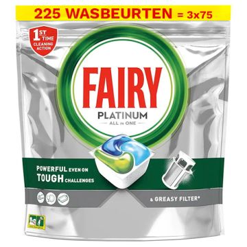 Aanbieding: Fairy All-in-One Platinum Vaatwastabletten Regular (3 zakken - 225 vaatwasbeurten)