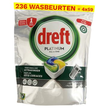 Aanbieding: Dreft All-in-One Platinum Vaatwastabletten Lemon (4 zakken - 236 vaatwasbeurten)