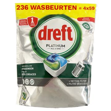 Aanbieding: Dreft All-in-One Platinum Vaatwastabletten Regular (4 zakken - 236 vaatwasbeurten)