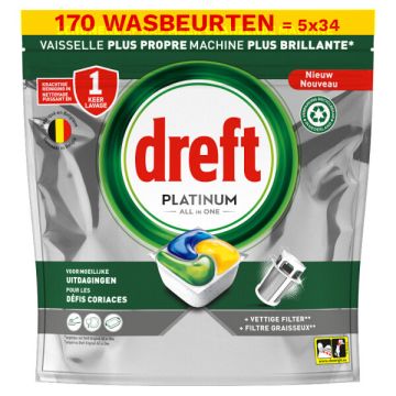 Aanbieding: Dreft All-in-One Platinum Vaatwastabletten Lemon (5 zakken - 170 vaatwasbeurten)