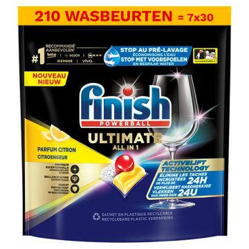 Aanbieding: Finish Powerball Ultimate All-In-1 Vaatwastabletten Lemon (7 zakken - 210 vaatwasbeurten