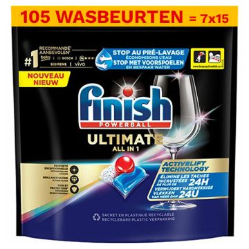 Aanbieding: Finish Ultimate Powerball All-In-1 Vaatwastabletten (7 zakken - 105 vaatwasbeurten)