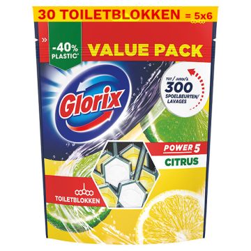 Aanbieding: Glorix Power 5 Citrus Toiletblok (6 verpakkingen - 5 toiletblokken)