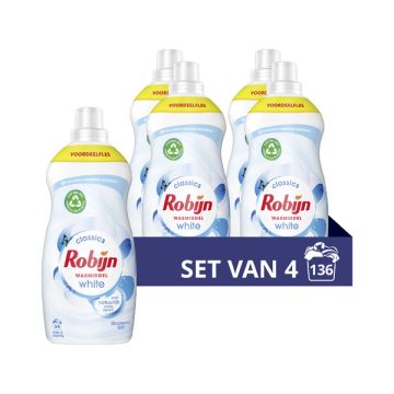 Aanbieding: Robijn Klein & Krachtig Vloeibaar Wasmiddel Stralend Wit 1190 ml (4 flessen - 136 wasbeu